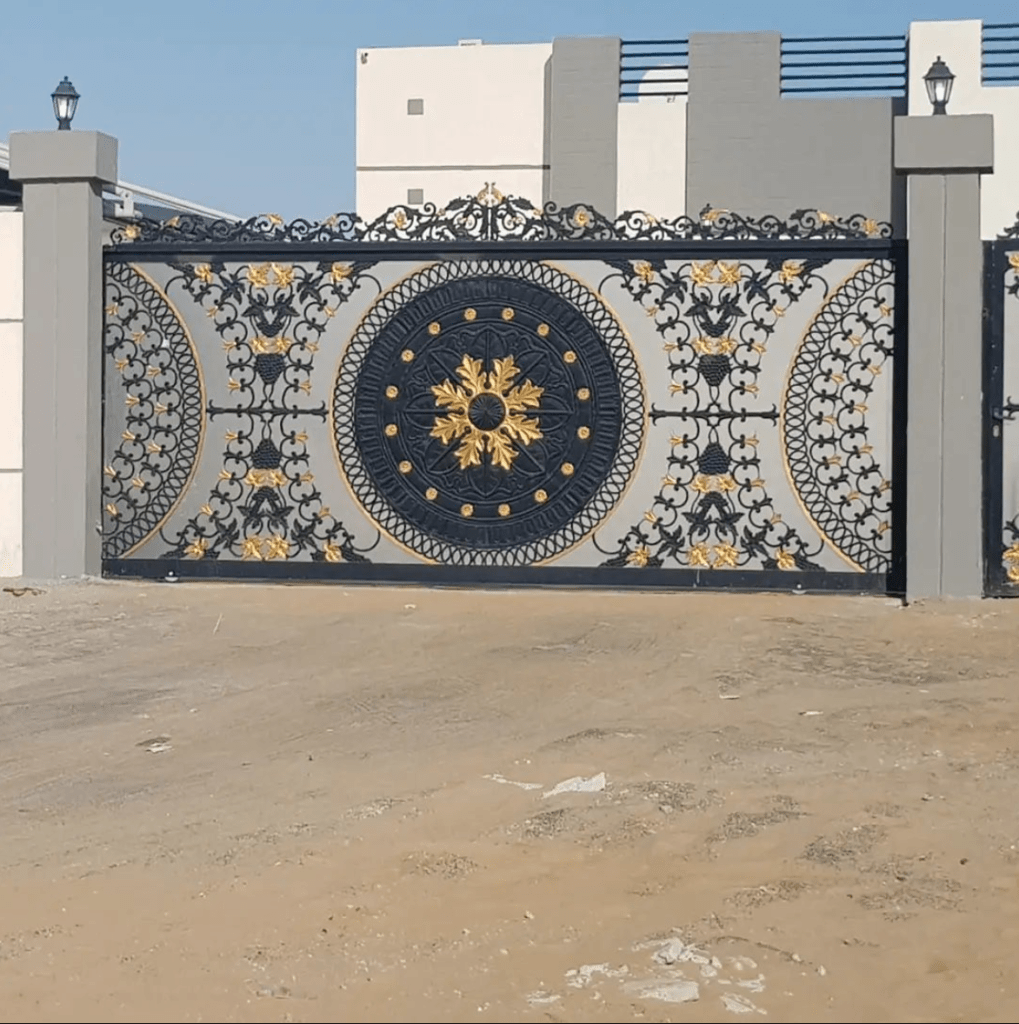 The Fancy off white gate front design with golden black work gallery