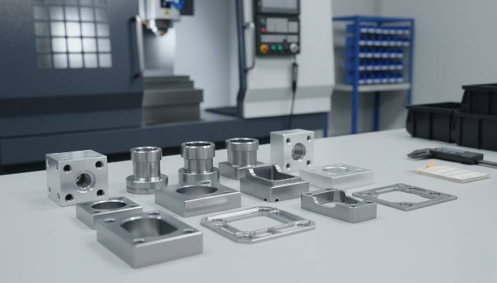 Finished-CNC-precision-components-laid-out
